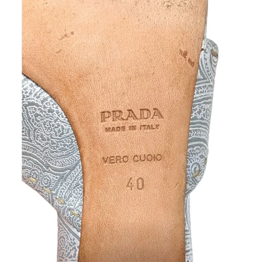 Vintage Prada Logo Kitten Heel Flip Flops Square Toe Sandal Mule Silver Blue 40